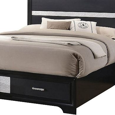 Wooden Eastern King Size Bed with 2 Storage Drawers, Black and Silver