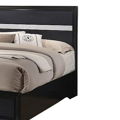 Wooden Eastern King Size Bed with 2 Storage Drawers, Black and Silver