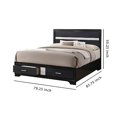 Wooden Eastern King Size Bed with 2 Storage Drawers, Black and Silver