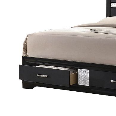 Wooden Eastern King Size Bed with 2 Storage Drawers, Black and Silver