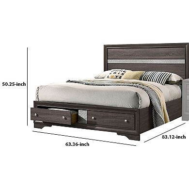 Queen Bed with Plank Headboard and 2 Drawers, Brown and Silver