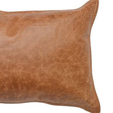 Rectangular Leatherette Throw Pillow with Stitched Details, Small, Brown