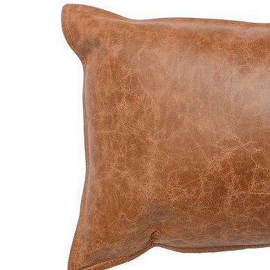 Rectangular Leatherette Throw Pillow with Stitched Details, Small, Brown