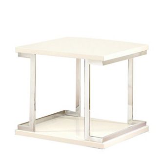 Contemporary End Table with C Shaped Metal Frame, Silver and White