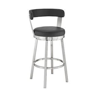 Swivel Counter Barstool with Curved Open Back and Metal Legs, Black and Silver