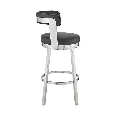 Swivel Counter Barstool with Curved Open Back and Metal Legs, Black and Silver