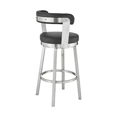 Swivel Counter Barstool with Curved Open Back and Metal Legs, Black and Silver