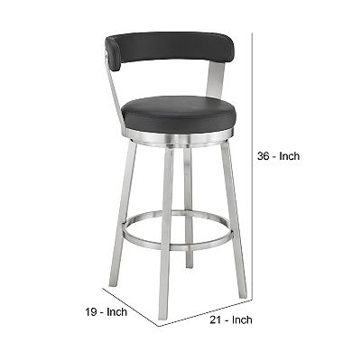 Swivel Counter Barstool with Curved Open Back and Metal Legs, Black and Silver