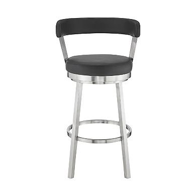 Swivel Counter Barstool with Curved Open Back and Metal Legs, Black and Silver