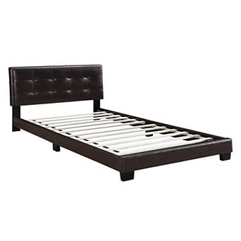 Queen Leatherette Bed with Checkered Tufted Headboard, Dark Brown