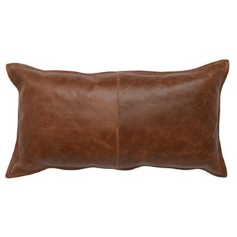 Leatherette Throw Pillow with Stitched Details and Flanged Edges, Brown