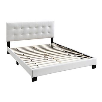 Queen Leatherette Bed with Checkered Tufted Headboard, White