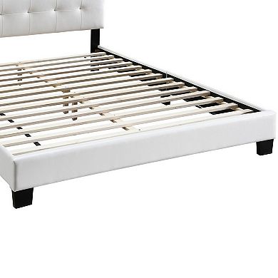 Queen Leatherette Bed with Checkered Tufted Headboard, White