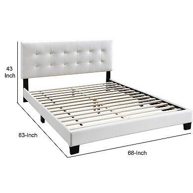 Queen Leatherette Bed with Checkered Tufted Headboard, White