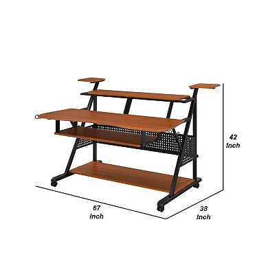 Gia 67 Inch Wood Music Desk Studio Station, Keyboard Tray Shelves, Walnut