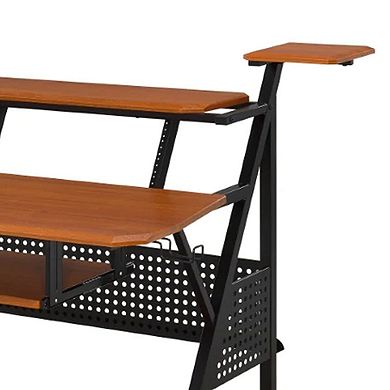 Gia 67 Inch Wood Music Desk Studio Station, Keyboard Tray Shelves, Walnut