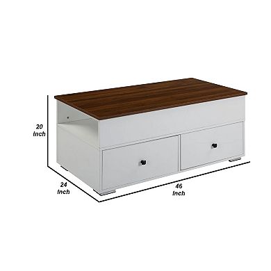46 Inch Wood Coffee Table, Lift Top, 2 Drawers, Storage, Walnut, White