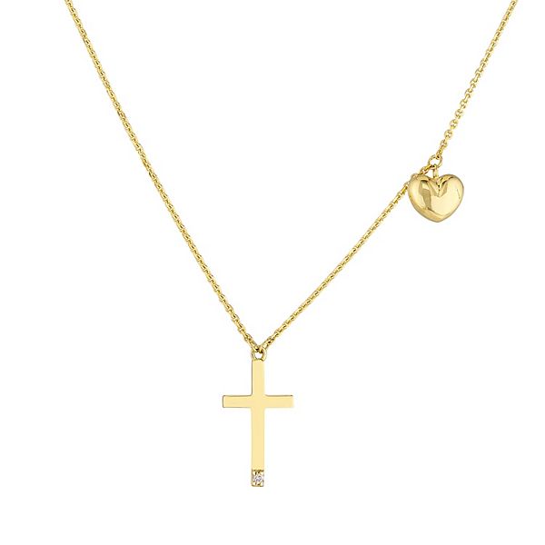 14k Gold Diamond Accent Puffed Heart Cross Adjustable Necklace