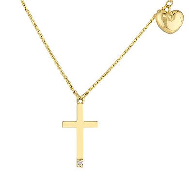 14k Gold Diamond Accent Puffed Heart Cross Adjustable Necklace