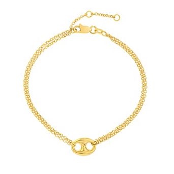 Color Romance 14k Gold Puffed Double Mariner Chain Link Adjustable Bracelet
