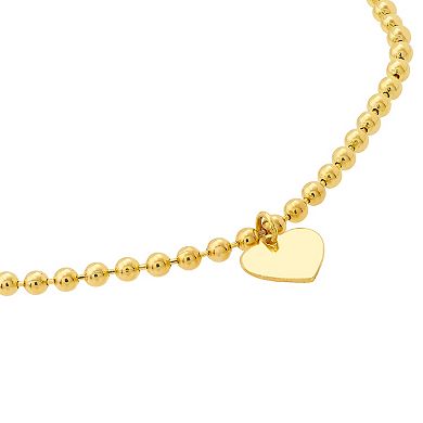 14k Gold 2 mm Heart Charm Beaded Chain Bracelet