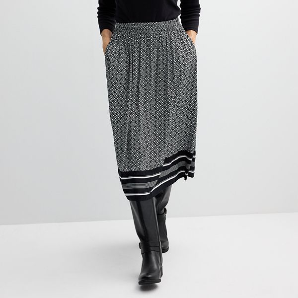 Women's Croft & Barrow® Elastic Waist Midi Skirt - Black Chic Tile (X SMALL)