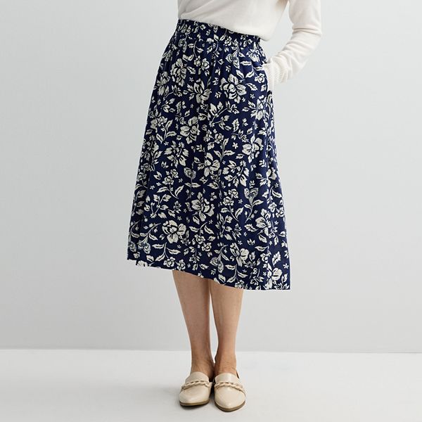 Women's Croft & Barrow® Elastic Waist Midi Skirt - Navy Blooms (X SMALL)