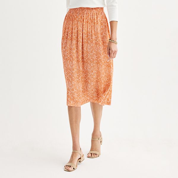 Women's Croft & Barrow® Elastic Waist Midi Skirt - Orange Leaf Texture (X SMALL)