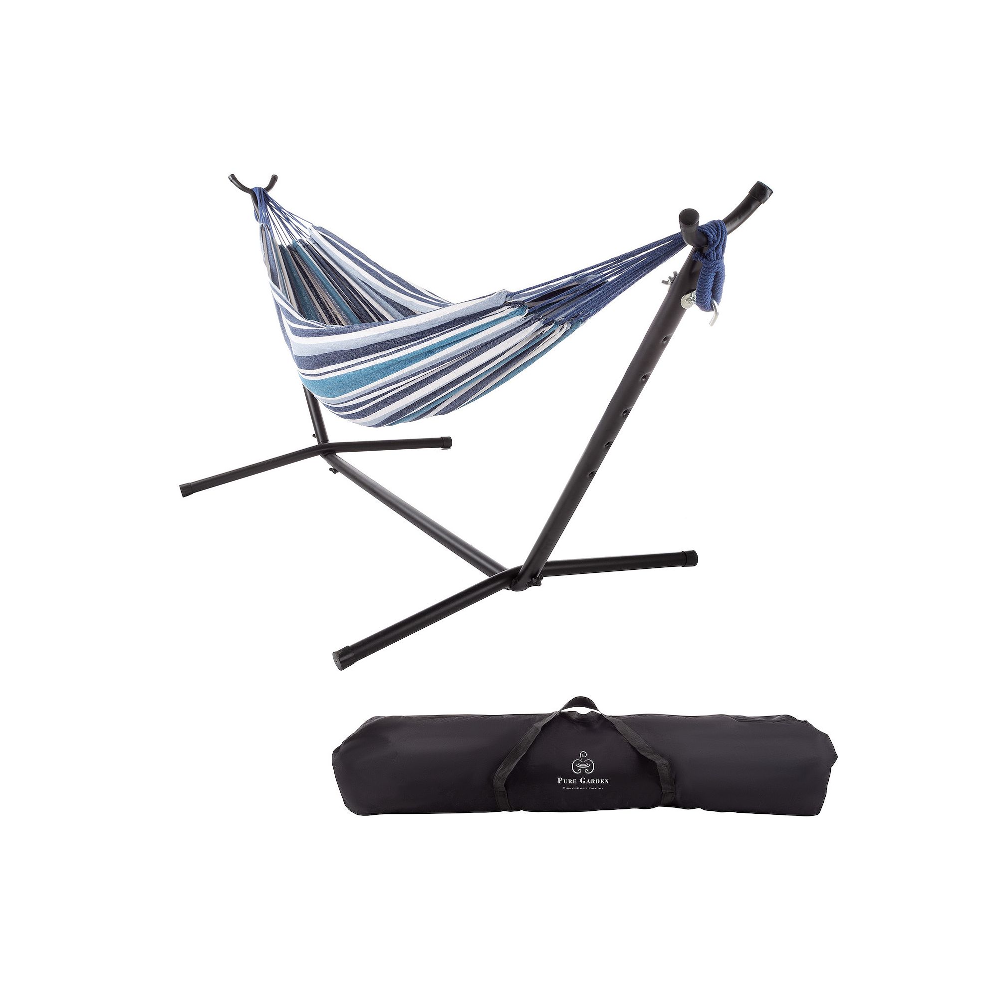 Pure Garden Striped Hammock & Stand 2-piece Set, Blue