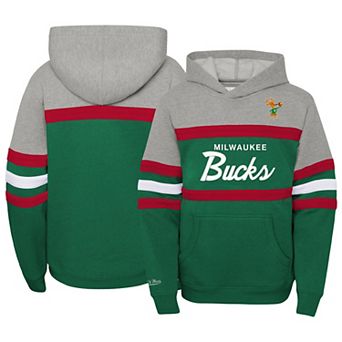 Youth Mitchell & Ness Heather Gray/Green Milwaukee Bucks Hardwood Classics Head Coach Pullover Hoodie