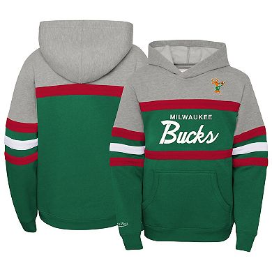 Youth Mitchell & Ness Heather Gray/Green Milwaukee Bucks Hardwood Classics Head Coach Pullover Hoodie