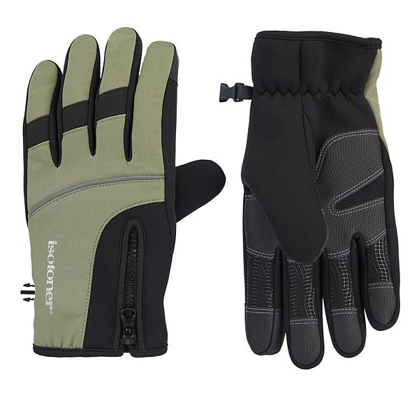 Men's isotoner Water Repellent Neoprene Touchscreen Sport Gloves with Zipper - Olive (M)