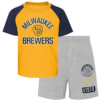 Toddler Gold/Heather Gray Milwaukee Brewers Two-Piece Groundout Baller Raglan T-Shirt & Shorts Set