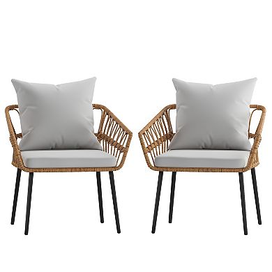 Merrick Lane Armon Set of Two Indoor/Outdoor Boho Style Open Weave Rattan Rope Patio Chairs with Cushions