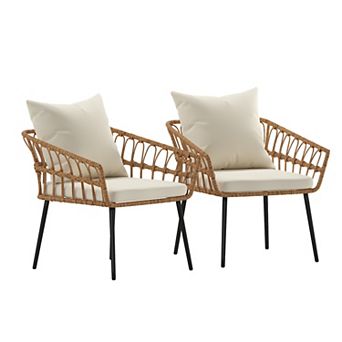 Merrick Lane Armon Set of Two Indoor/Outdoor Boho Style Open Weave Rattan Rope Patio Chairs with Cushions
