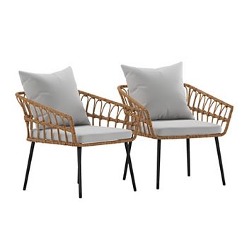 Merrick Lane Armon Set of Two Indoor/Outdoor Boho Style Open Weave Rattan Rope Patio Chairs with Cushions