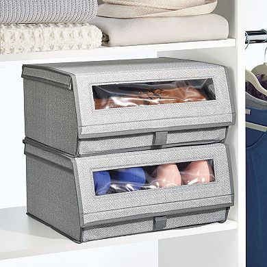 mDesign Fabric Shoe Storage Box, Clear Window, Hinged Lid - Gray