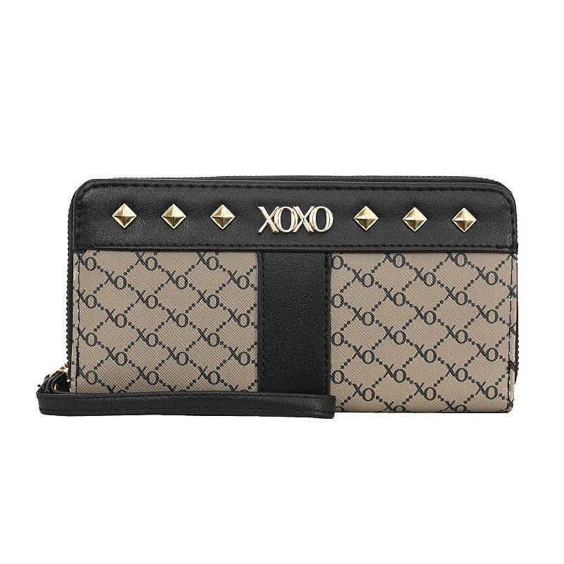 Xoxo Graffiti Print Zip Around Wallet with Chain, Black