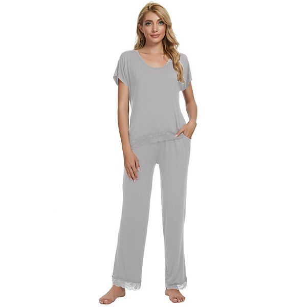 Womens Sleepwear Lounge Nightwear Round Neck Stretchy Loungewear Pajama Set