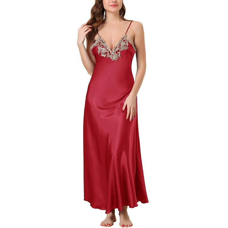 Cheibear Womens Satin Nightgown Lace Cami Dress Maxi Long Gown