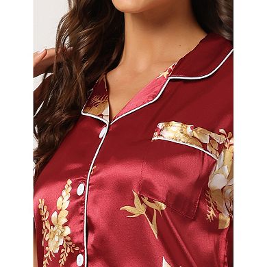 Womens Floral Button Down Shirt And Shorts Satin 2pcs Pajama Set