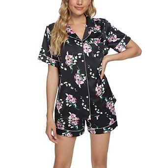Womens Floral Button Down Shirt and Shorts Satin 2 pc Pajama Set