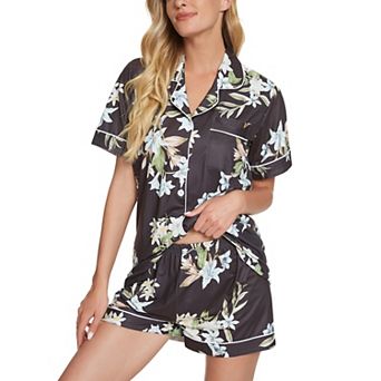 Womens Floral Button Down Shirt and Shorts Satin 2 pc Pajama Set
