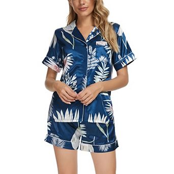 Womens Floral Button Down Shirt and Shorts Satin 2 pc Pajama Set