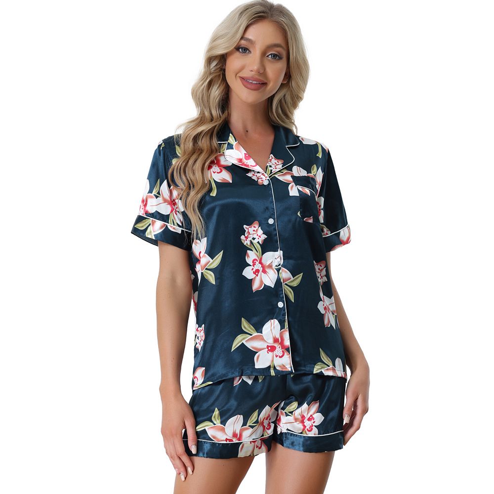 Women's Floral Print Short Sleeve Lapel Collar Button Down Satin Pajama Set