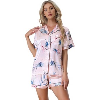 Womens Floral Button Down Shirt and Shorts Satin 2 pc Pajama Set