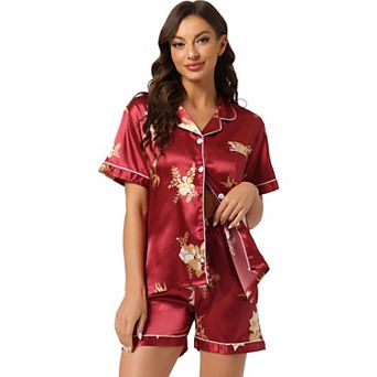 Womens Floral Button Down Shirt and Shorts Satin 2 pc Pajama Set