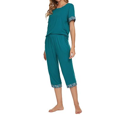 Womens Pajama Set Round Neck with Capri Pants Casual Pjs Lounge Sleepwears