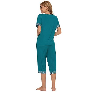 Womens Pajama Set Round Neck with Capri Pants Casual Pjs Lounge Sleepwears