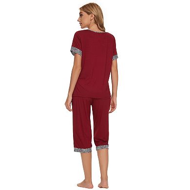 Womens Pajama Set Round Neck with Capri Pants Casual Pjs Lounge Sleepwears
